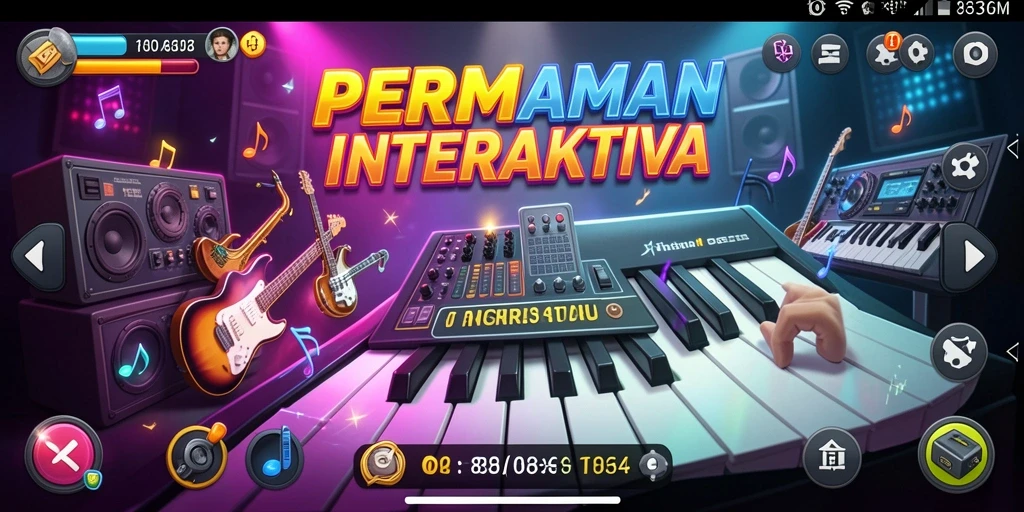 Tampilan gameplay interaktif 8364 dengan musisi dan alat musik.