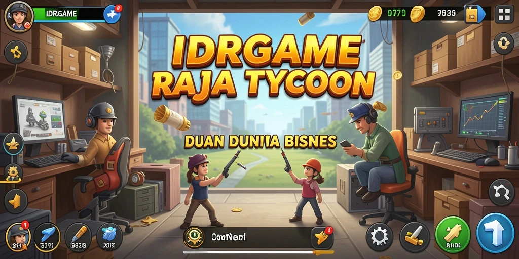 Tampilan gameplay <strong>IDRGAME</strong> menunjukkan berbagai jenis usaha yang dapat dibangun.