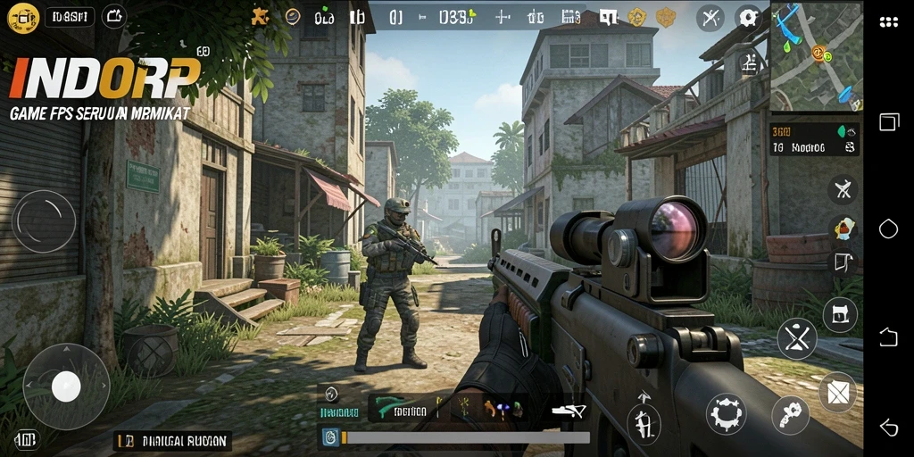 Tampilan aksi memukau dalam gameplay <strong>INDORP</strong> dengan pertempuran FPS yang mendebarkan.