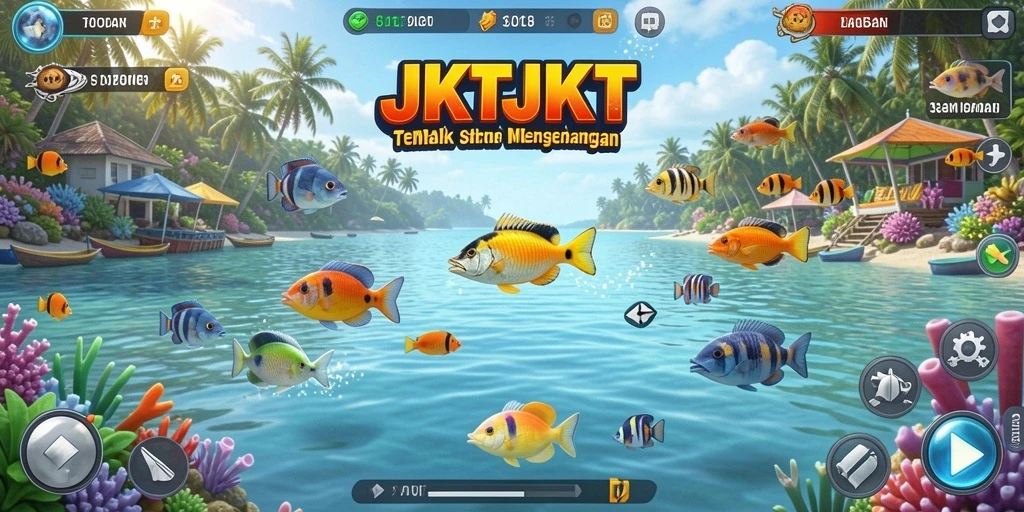 Tangkapan layar gameplay JKTJKT dengan aksi menembak ikan yang mendebarkan.