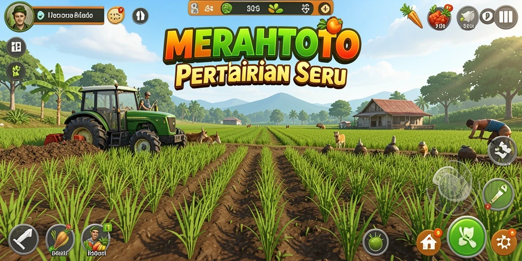 Tangkapan layar gameplay <strong>MERAHTOTO</strong> yang menampilkan pertanian yang indah dan interaksi dengan hewan.